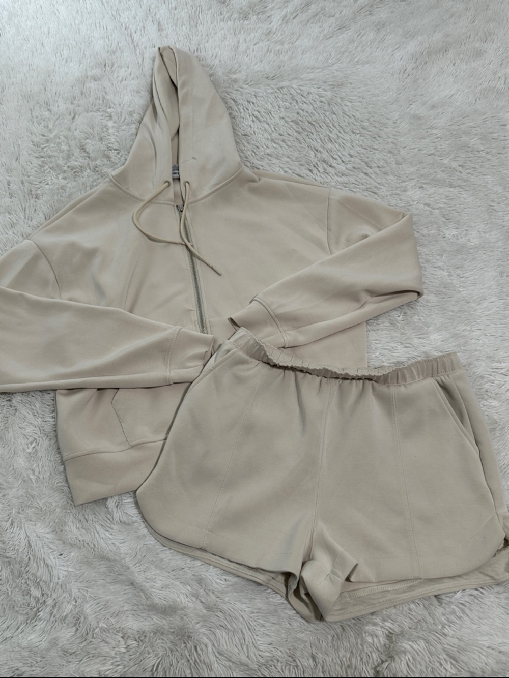 Neutral Beige Zip-Up Hoodie with Matching Shorts Set